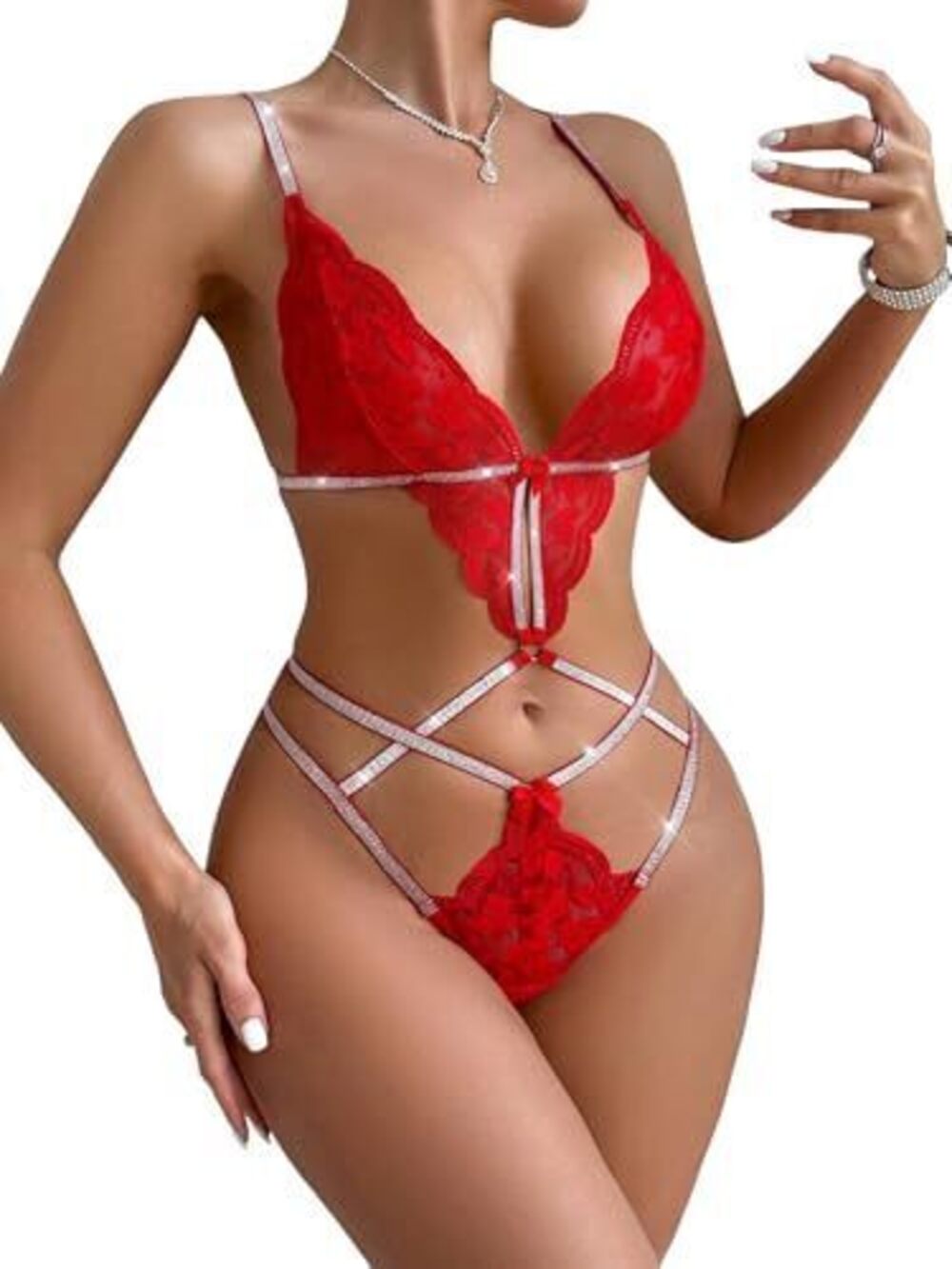 6344 Sexy Strappy Silver Cutout O Ring Floral Lace Lingerie Set 1 Piece See
